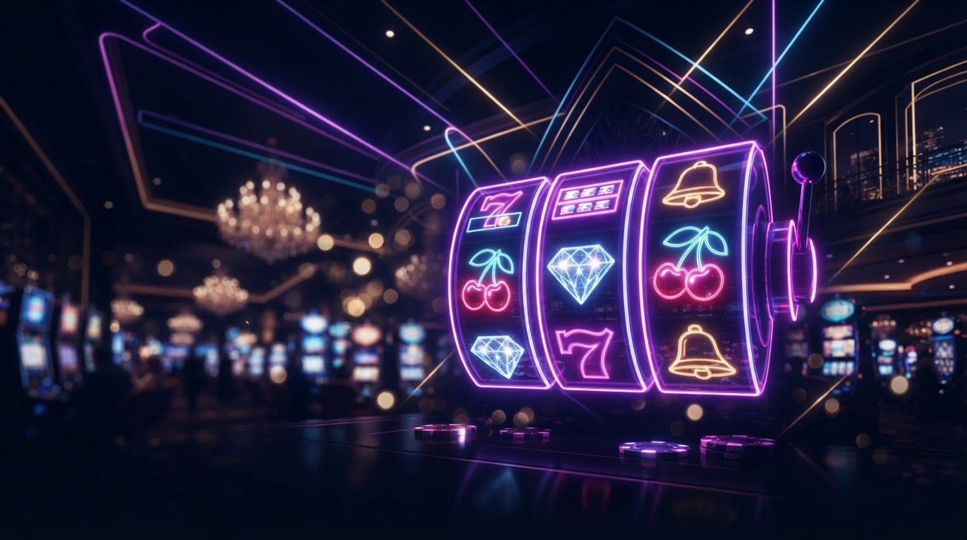 Ambiente de casino online premium con luces de neón